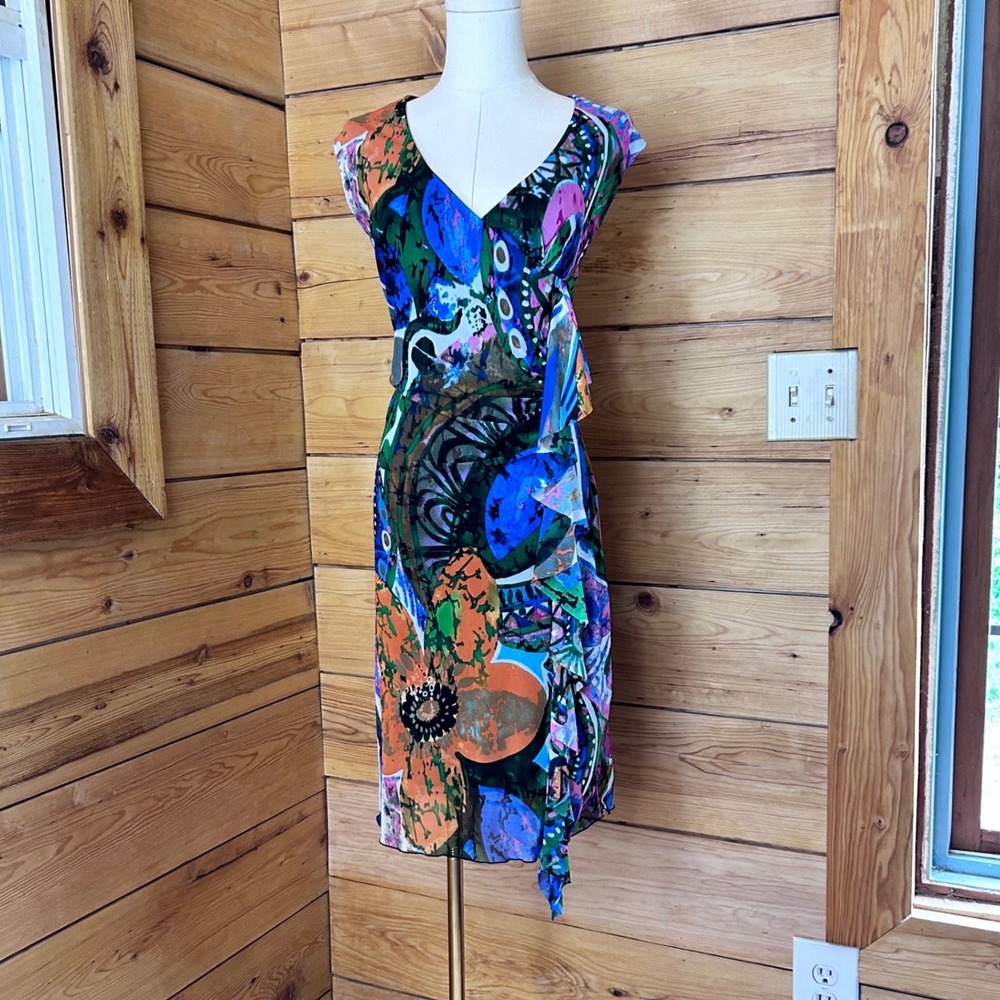 Vintage Abstract Floral Mesh Dress Women Medium Multi Ruffle Elena Wang